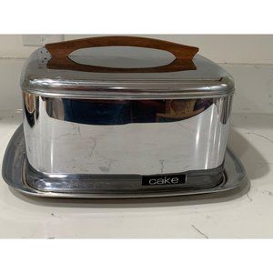 Vintage Mid-Century Modern Chrome and Wood Cake Plate Carrier